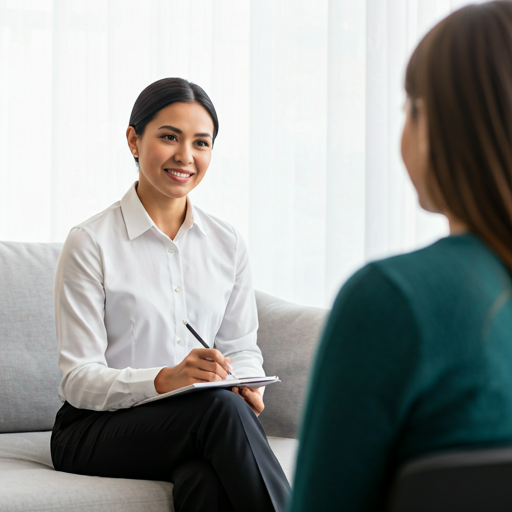 A friendly consultant sitting with a client in a bright, comfortable room, listening attentively and taking notes.