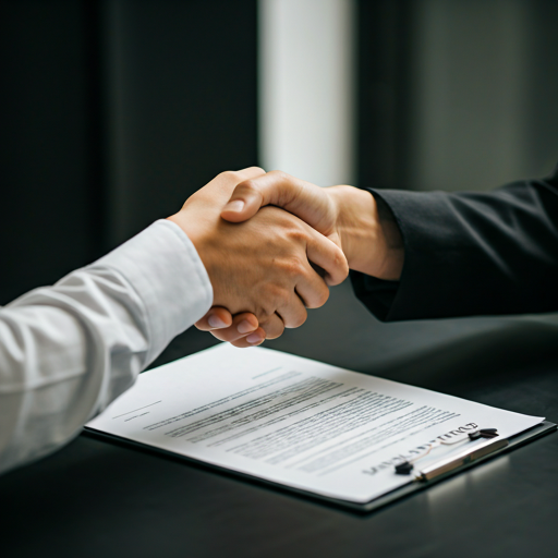 A close-up of two people shaking hands over a table where a contract document is being signed.