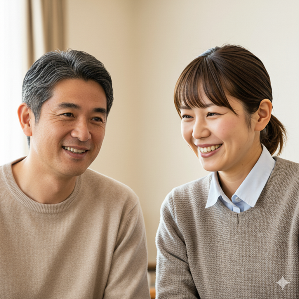 A cheerful Japanese support worker and an elderly client smiling together in a warm, domestic setting, marking the start of a positive support relationship.